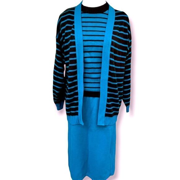 Vintage 3 piece sweater skirt set teal black stripe small - Picture 1 of 6